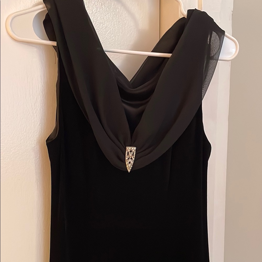 Robbie Bee Black Velvet Sleeveless Maxi with Draped Cowl and Jeweled Pin